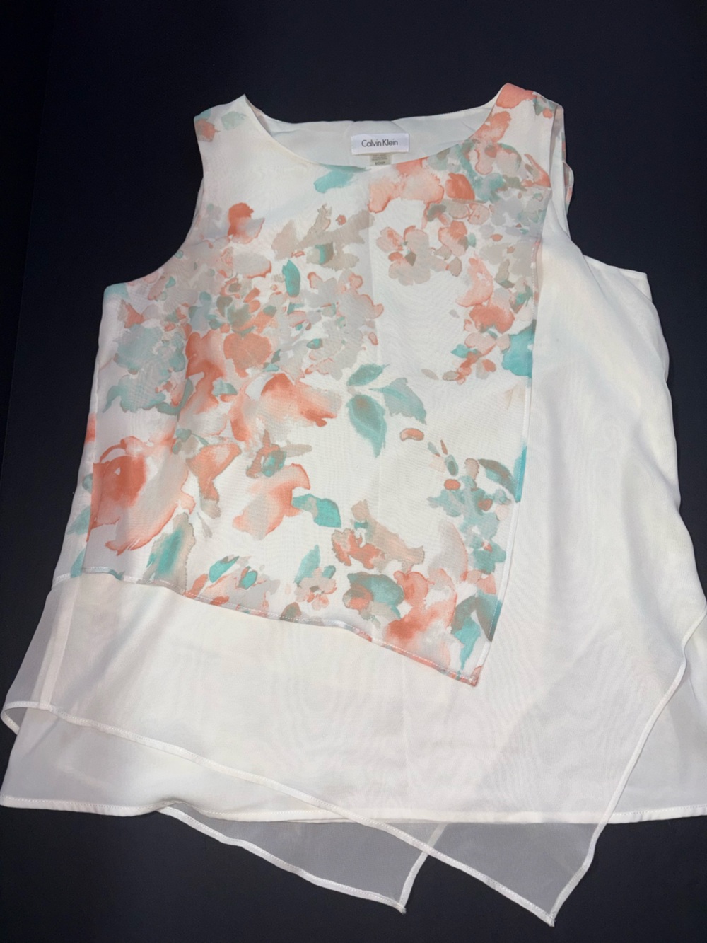 Calvin Klein White Sheer Floral-Print Layered Tank with Coral and Aqua Accents